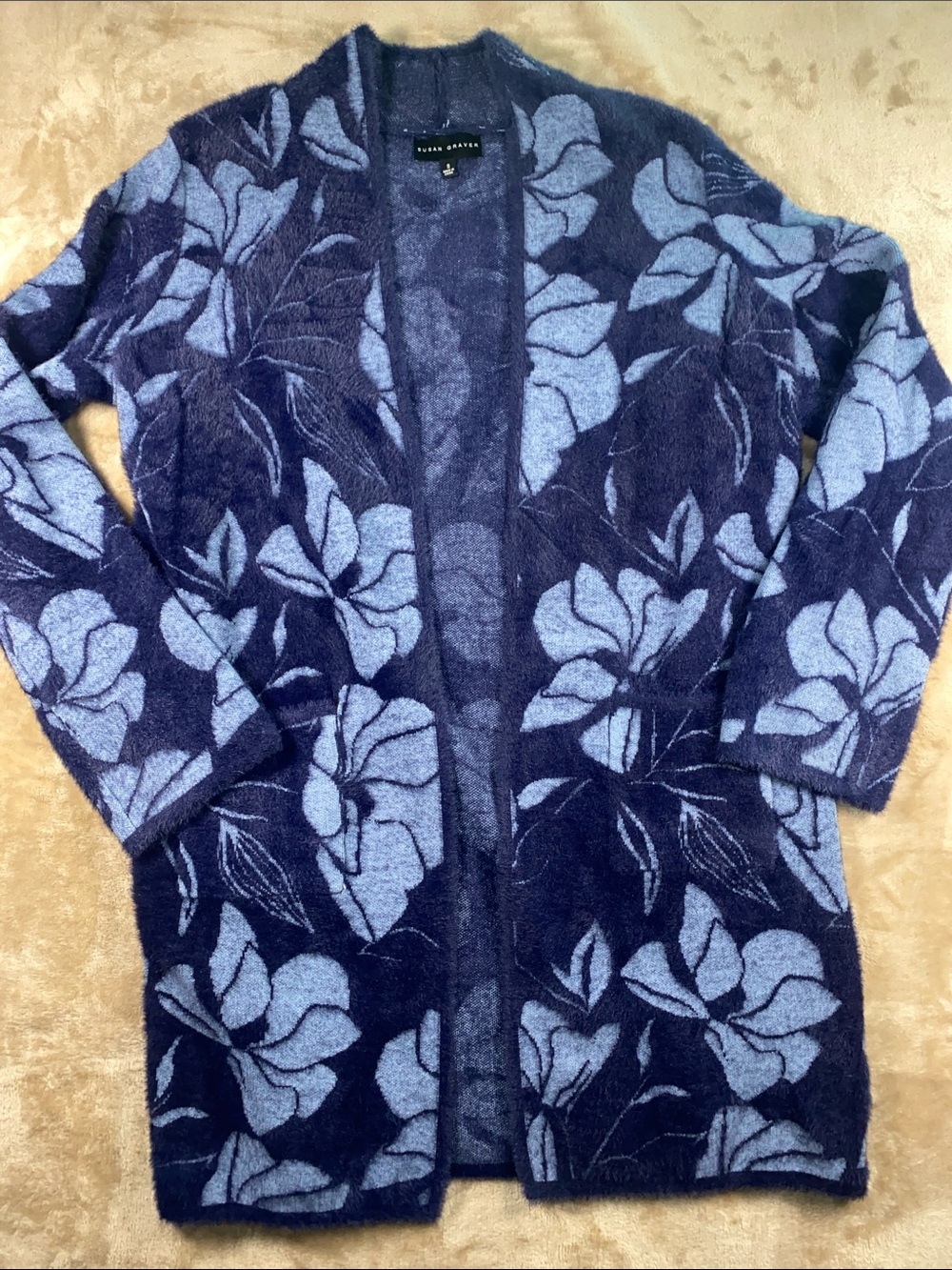 Susan Graver Navy and Light Blue Jacquard sweater Floral Open-Front Cardigan